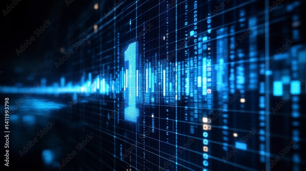 Abstract digital data stream with glowing blue particles and lines forming a central symbol. Abstract digital data stream with glowing blue particles and lines forming a central symbol.