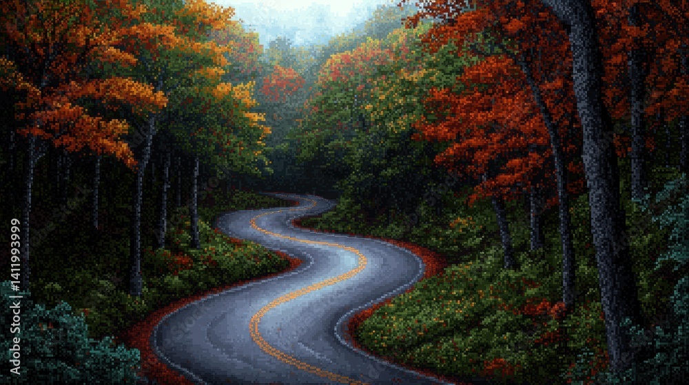 Obraz premium Autumn Winding Road Through Misty Forest