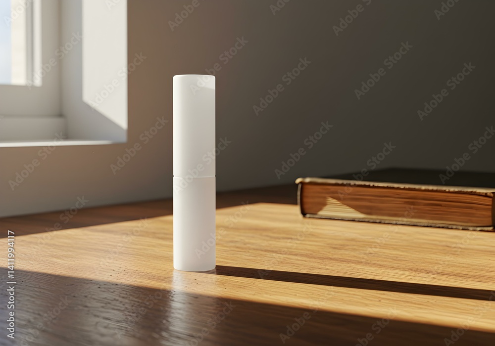 Fototapeta premium Minimal white lipstick on sunlit wooden floor