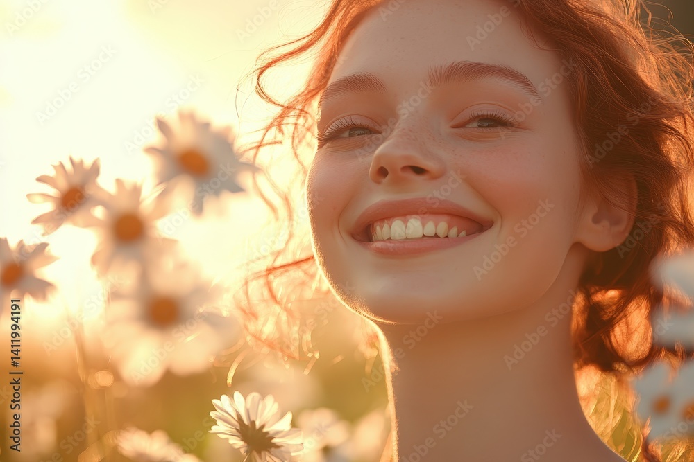 Fototapeta premium Radiant woman's smile amongst wildflowers in golden light.