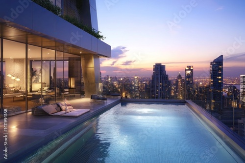 A lavish penthouse rooftop with a private infinity pool overlooking the skyline at twilight. The luxurious ambiance, modern decor, and seamless indoor-outdoor transition create an elite urban retreat.