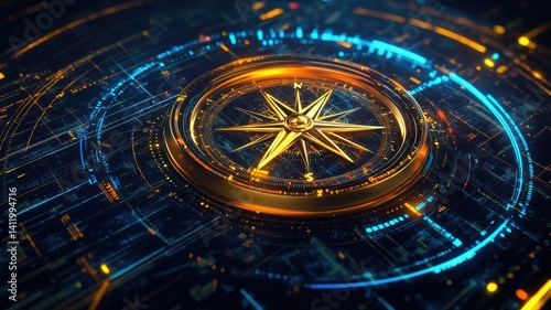 Wallpaper Mural Futuristic digital interface with golden compass design. Trading world chart schedule Torontodigital.ca