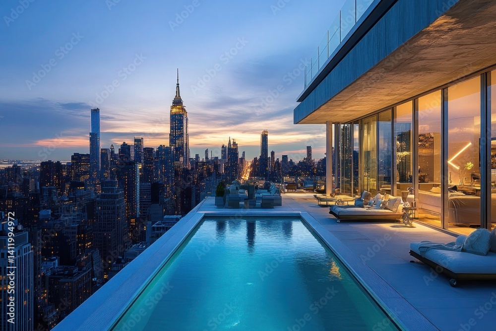 Fototapeta premium A lavish penthouse rooftop with a private infinity pool overlooking the skyline at twilight. The luxurious ambiance, modern decor, and seamless indoor-outdoor transition create an elite urban retreat.