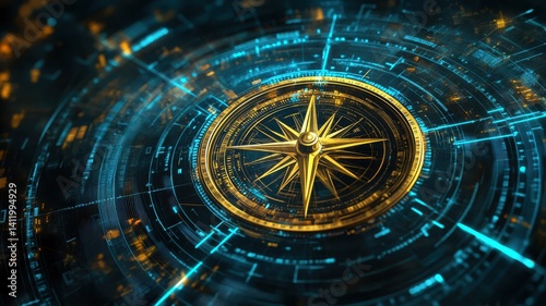Wallpaper Mural Futuristic golden compass on digital interface for navigation and innovation concepts. Trading world chart schedule Torontodigital.ca