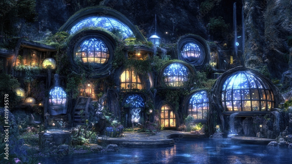 Obraz premium Enchanted, bioluminescent dwelling nestled amidst a mystical forest.