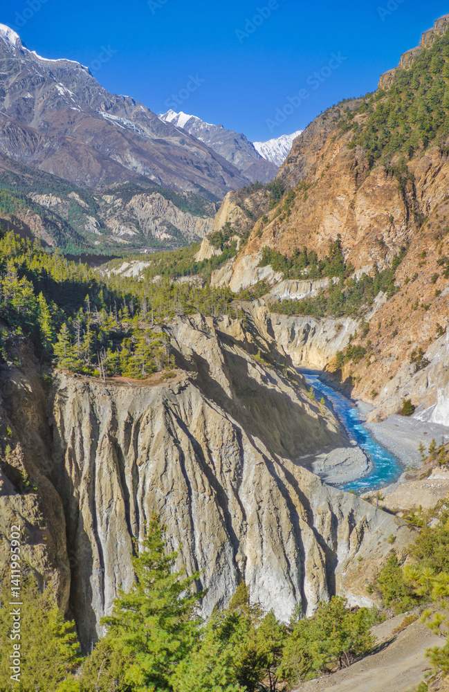 Himalayas, Nepal - The famous hiking on the roof of the world called Annapurna Circuit in the Himalaya range mountain, with little village, buddhist stupa and mountains of 8000 meters.