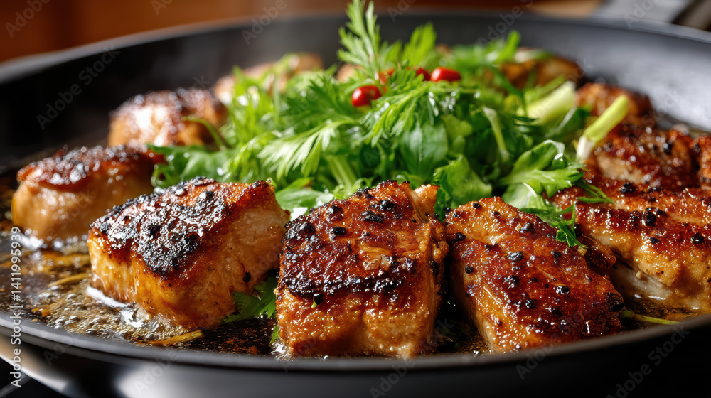 Juicy pieces of grilled meat garnished with fresh herbs create mouthwatering dish Juicy pieces of grilled meat garnished with fresh herbs create mouthwatering dish