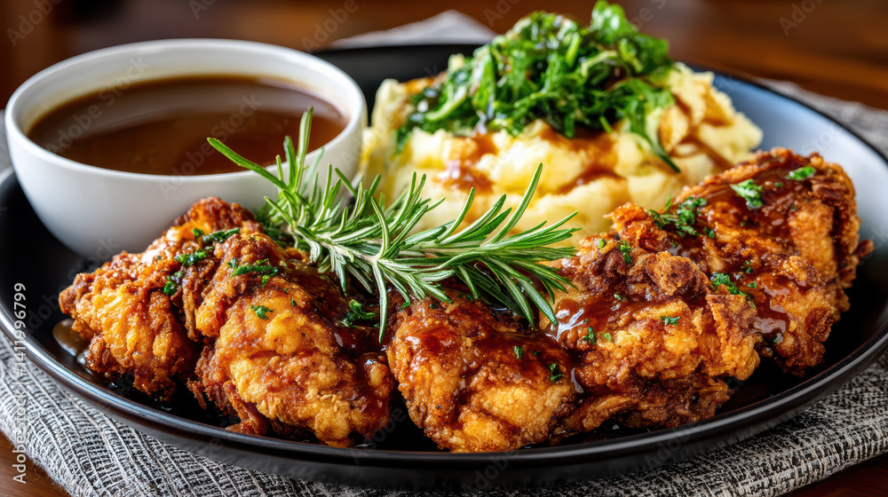 Crispy fried chicken served with creamy mashed potatoes and savory gravy, garnished with herbs Crispy fried chicken served with creamy mashed potatoes and savory gravy, garnished with herbs