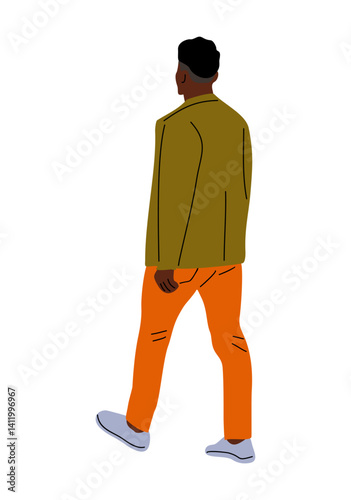Black man walking rear view wearing colorful casual attire. Handsome african american male character turned back, moving away. hand drawn flat vector illustration isolated on transparent background