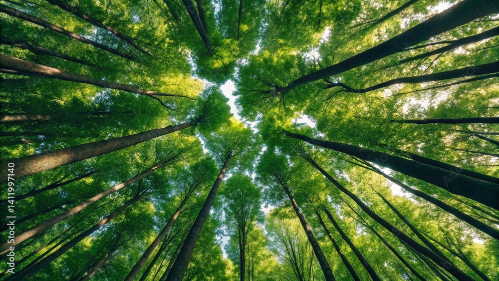 Looking directly up into a lush forest canopy, with tall trees reaching towards a bright sky filtered through dense green leaves Looking directly up into a lush forest canopy, with tall trees reaching towards a bright sky filtered through dense green leaves