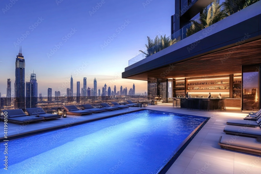 Obraz premium A lavish penthouse rooftop with a private infinity pool overlooking the skyline at twilight. The luxurious ambiance, modern decor, and seamless indoor-outdoor transition create an elite urban retreat.