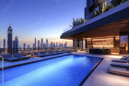 A lavish penthouse rooftop with a private infinity pool overlooking the skyline at twilight. The luxurious ambiance, modern decor, and seamless indoor-outdoor transition create an elite urban retreat.