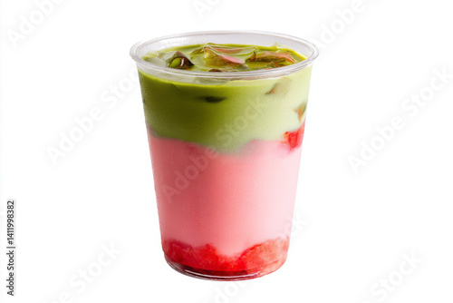 Refreshing matcha strawberry latte drink in plastic cup isolated on white background, colorful layered beverage concept