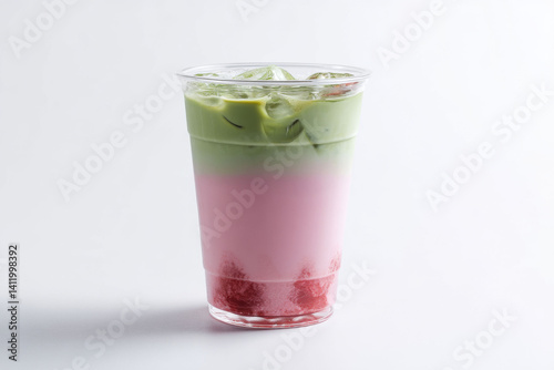 Refreshing iced beverage with layers of strawberry, pink milk, and green matcha, served in clear plastic cup on white