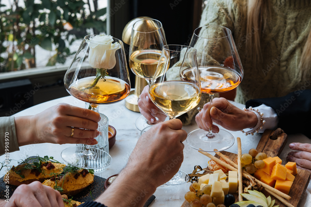 Friends having a dinner party with different kinds of appetizers and wine.