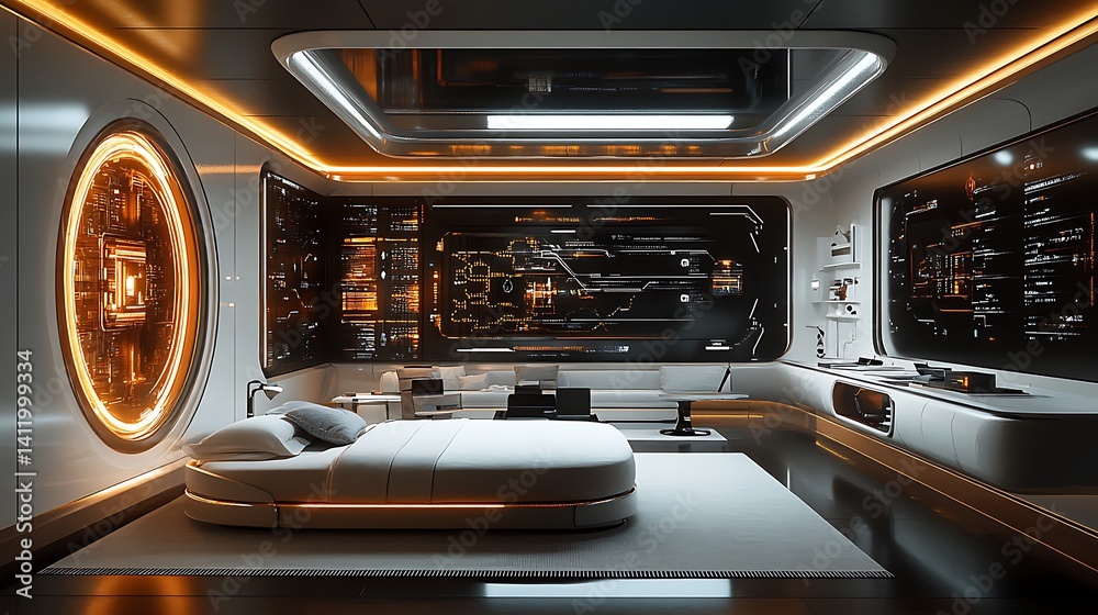 Obraz premium Futuristic Bedroom Interior Photo With Advanced Technology And Minimalist White Design Style
