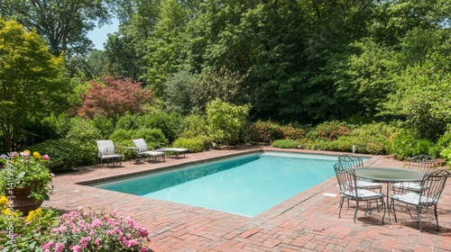 A tranquil home garden pool under natural sunlight, soft surroundings blurring into serenity. Peaceful outdoor retreat.
