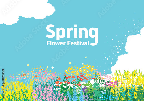 Illustration of spring scenery with beautiful flowers blooming on the hill where you can see the blue sky

