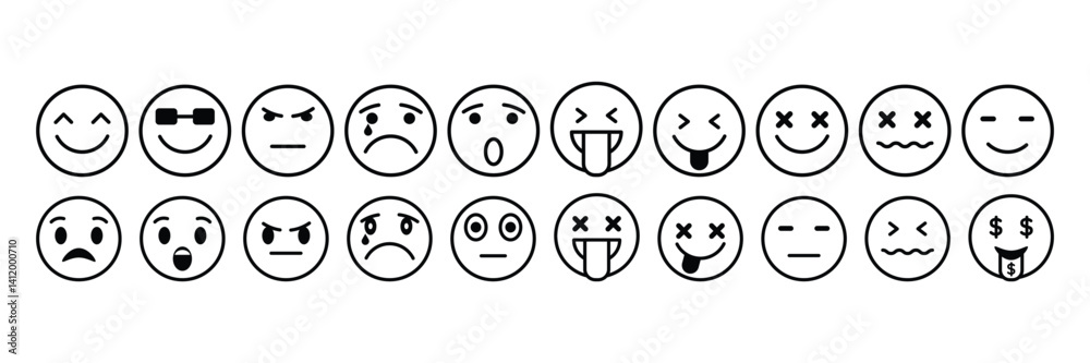 Fototapeta premium Emoji icon set. Happy, neutral, sad, emoji line art vector icon for apps and websites. Customer satisfaction rating scale with good and bad emotions symbol illustration.