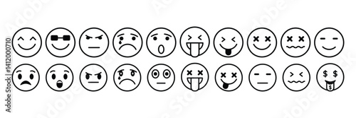 Emoji icon set. Happy, neutral, sad, emoji line art vector icon for apps and websites. Customer satisfaction rating scale with good and bad emotions symbol illustration.