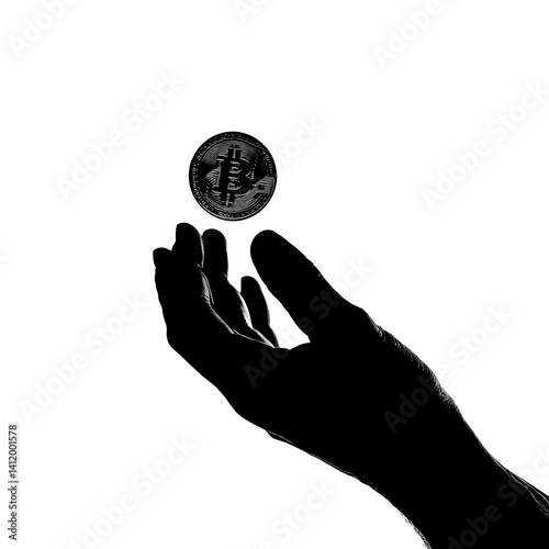 Silhouette of hand tossing bitcoin coin in the air isolated on white background