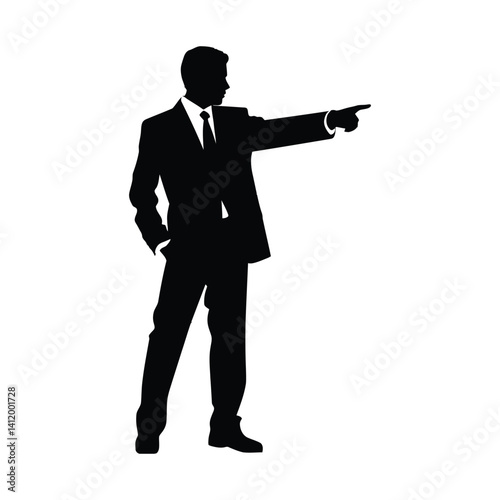 A man in a suit and tie pointing at something black silhouette