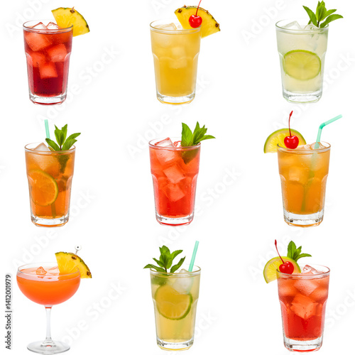 Refreshing Iced Cocktails Collection on Transparent Background:  A vibrant array of fruity, ice-filled drinks garnished with various fruits and mint, perfectly isolated.