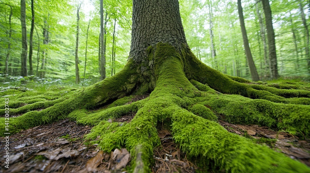 Fototapeta premium A tree trunk with moss is a tree trunk covered with green moss, gaining freshness after rain.