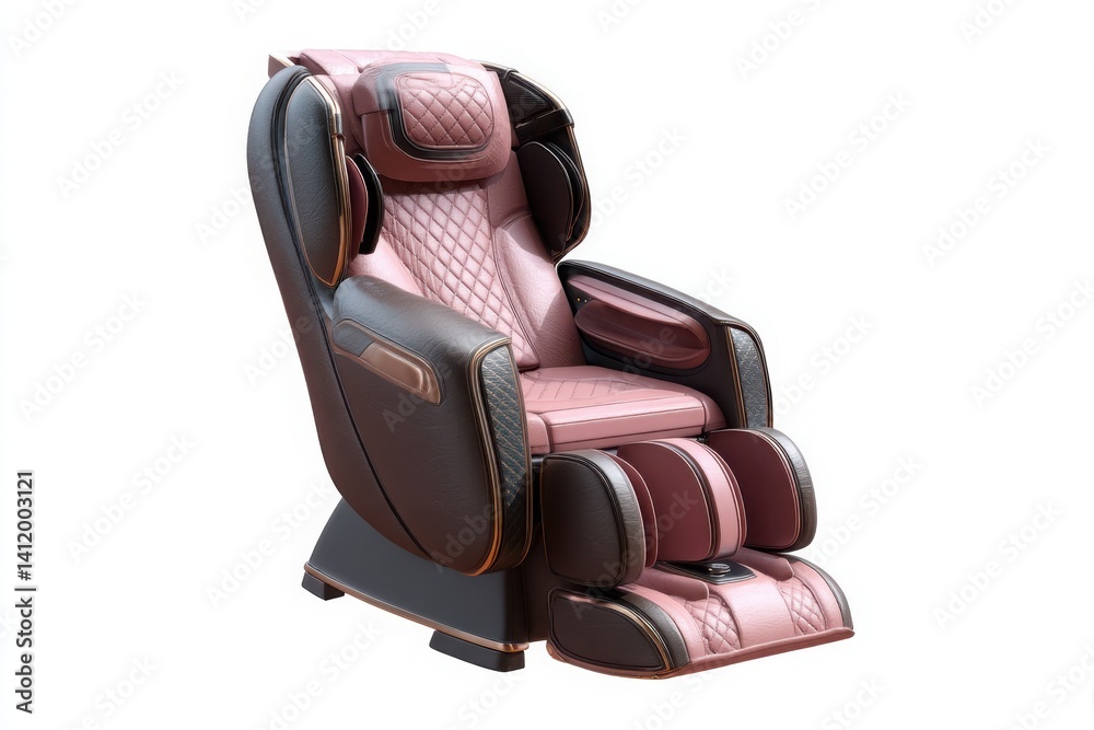 Naklejka premium Luxury Massage Chair Photo: Brown & Pink Quilted Leather, Isolated on White. Relaxation, Wellness, Home Comfort