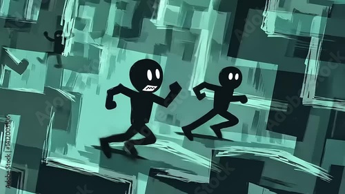 Animated characters running through a surreal maze with a dynamic background