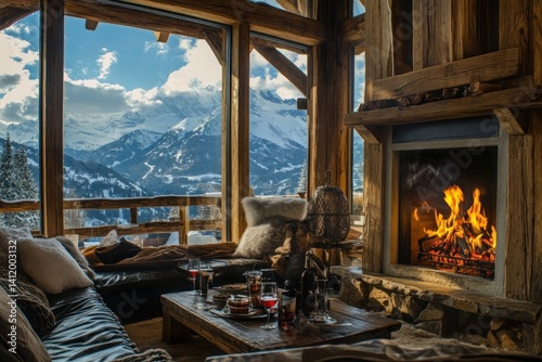 A luxury ski resort chalet with a crackling fireplace and panoramic mountain views. The rustic yet elegant furnishings, heated floors, and private butler service make it the perfect winter retreat. A 