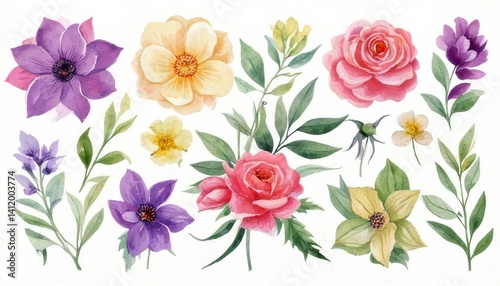 Delicate watercolor flowers and leaves create a vibrant arrangement, perfect for adding a touch of nature to any design