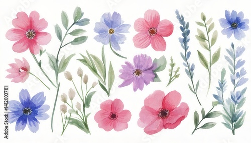 Delicate watercolor flowers and leaves create a vibrant arrangement, perfect for adding a touch of nature to any design