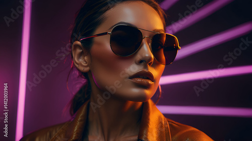 Portrait of high fashion model against neon lights 