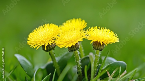 Coltsfoot flowers â€“ delicate, small coltsfoot flowers against a backdrop of spring grass. 