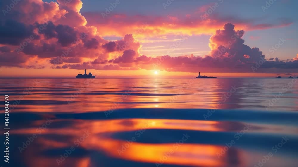 Sunset over the Baltic Sea. Stunning sky with glowing golden pink clouds reflected in the water. Lighthouse. Majestic seascape. Abstract natural design, texture, backdrop, concept video.
