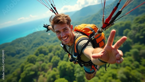 A cheerful young male parachutist enjoying the thrill of paragliding over a beautiful landscape, showcasing his excitement and freedom.