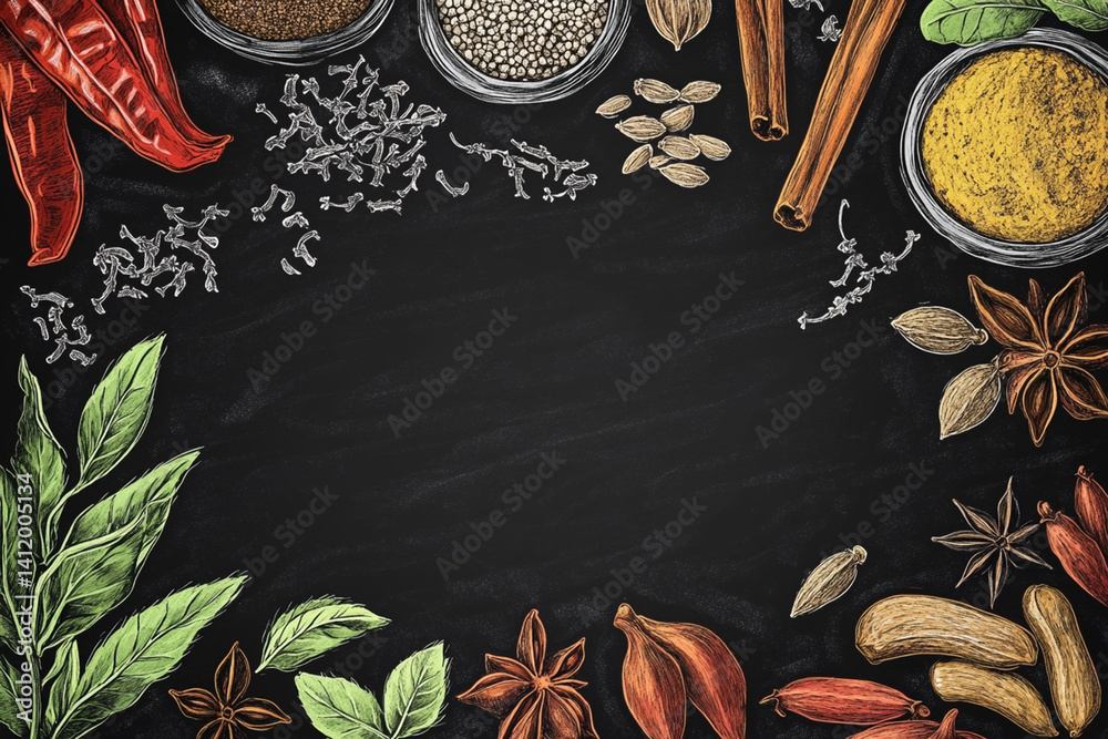 Menu design elements spices. Vector collection of spices on chalkboard. Hand-sketched Menu design elements spices. Vector collection of spices on chalkboard. Hand-sketched