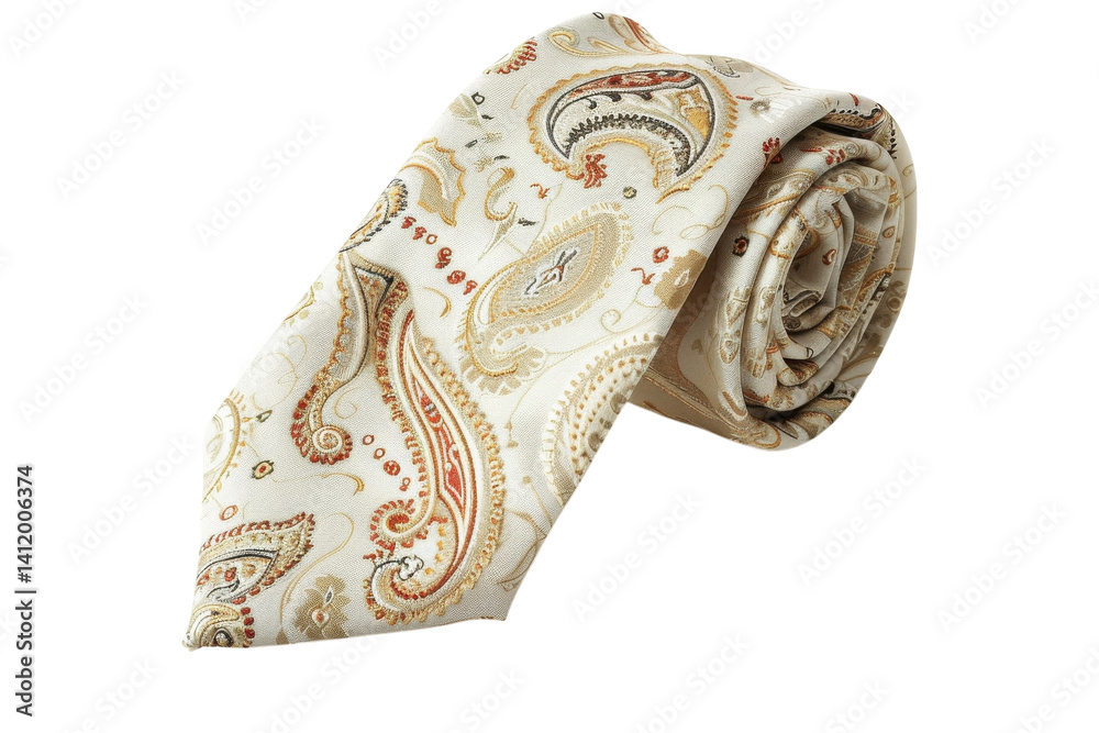 Fototapeta premium Elegant paisley tie rolled up on a white surface showcasing intricate patterns and colors isolated on transparent background