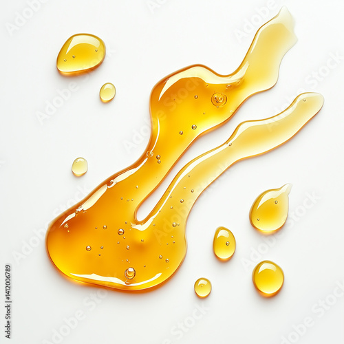 Honey drips and drops flat lay isolated on white background, top view