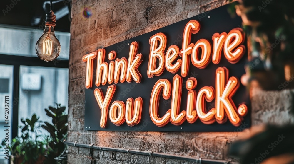 Orange neon sign on a rustic stone wall reads Think Before You Click. Warm lighting, indoor setting.