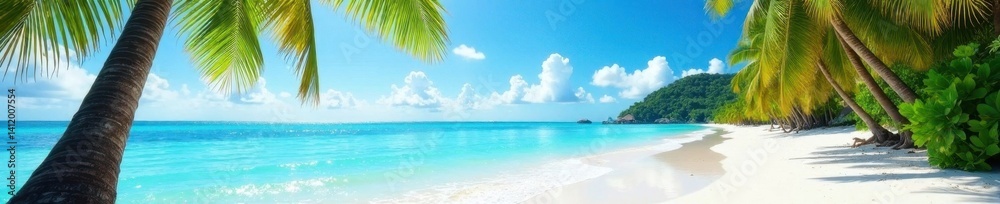 Fototapeta premium Palm-fringed beach, crystal-clear water reflects vibrant sky , seychelles, sunlight, coastline