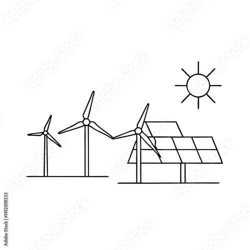 A clean line art design of solar panels and wind turbines with a sun in the background.  