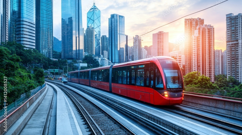 Naklejka premium Red modern tram travels through a city with skyscrapers during a vibrant sunset.