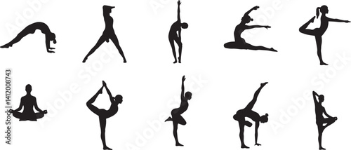 Yoga Pose Silhouettes – Black and White Minimalist Illustration of Stretching and Flexibility

