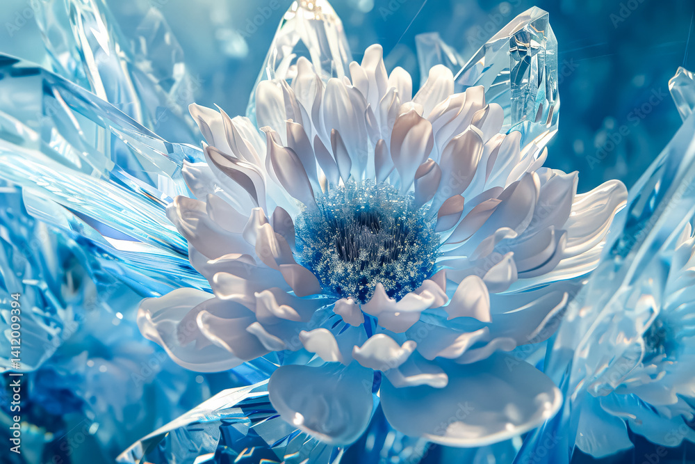 Obraz premium Beautiful blue and white flower with a blue center. The flower is surrounded by ice crystals, giving it a unique and ethereal appearance. Concept of wonder and awe