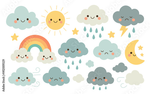 Cute weather elements with smiling sun, clouds, thunder, and raindrops in pastel colors, ideal for climate, mood, or seasonal content.