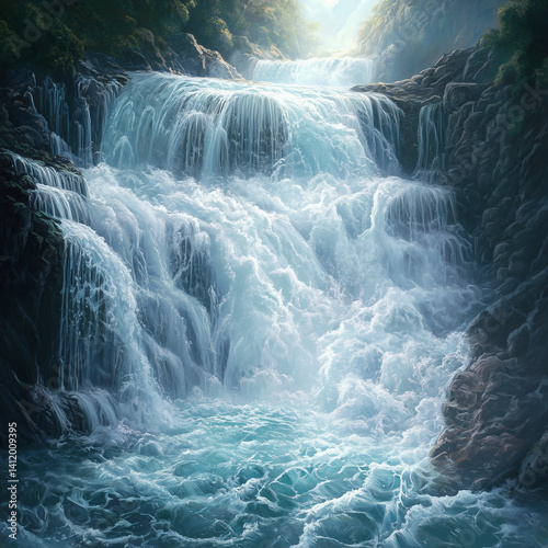 ethereal and majestic essence of cascading waterfalls, epitomizing perpetual motion and eternal existence of these awe-inspiring marvels