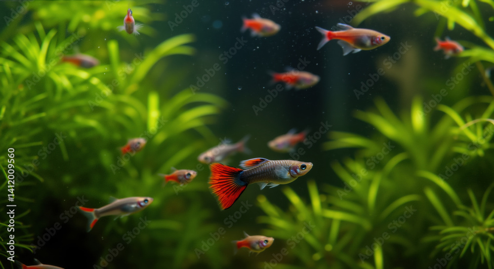 Fototapeta Group of small guppies swimming among green aquarium plants with male guppy featuring red tail fin. Tropical fish in planted tank for beginner aquarium hobby and community tank setup guides