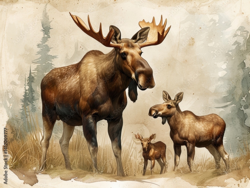 A family of moose in the forest. A family of moose in the forest.